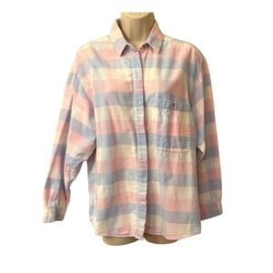 Diane Von Furstenberg Plaid Flannel Button Up Shirt Women's Size Ll Pink Blue